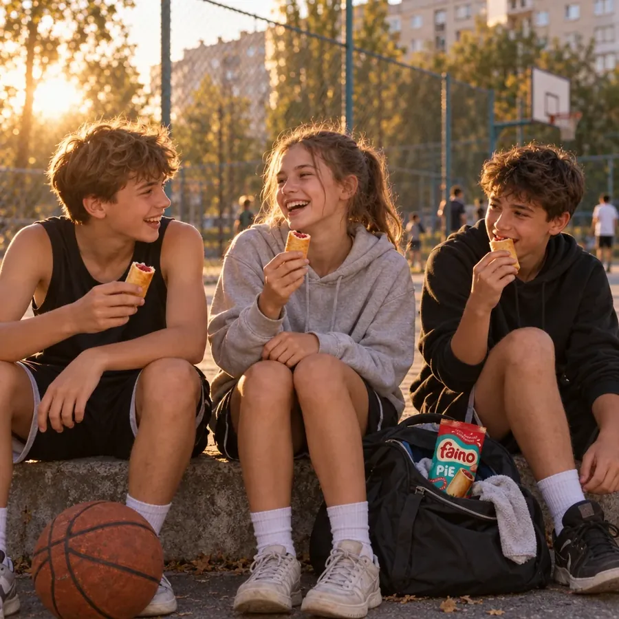 Teenagers eating faino pies after basketball